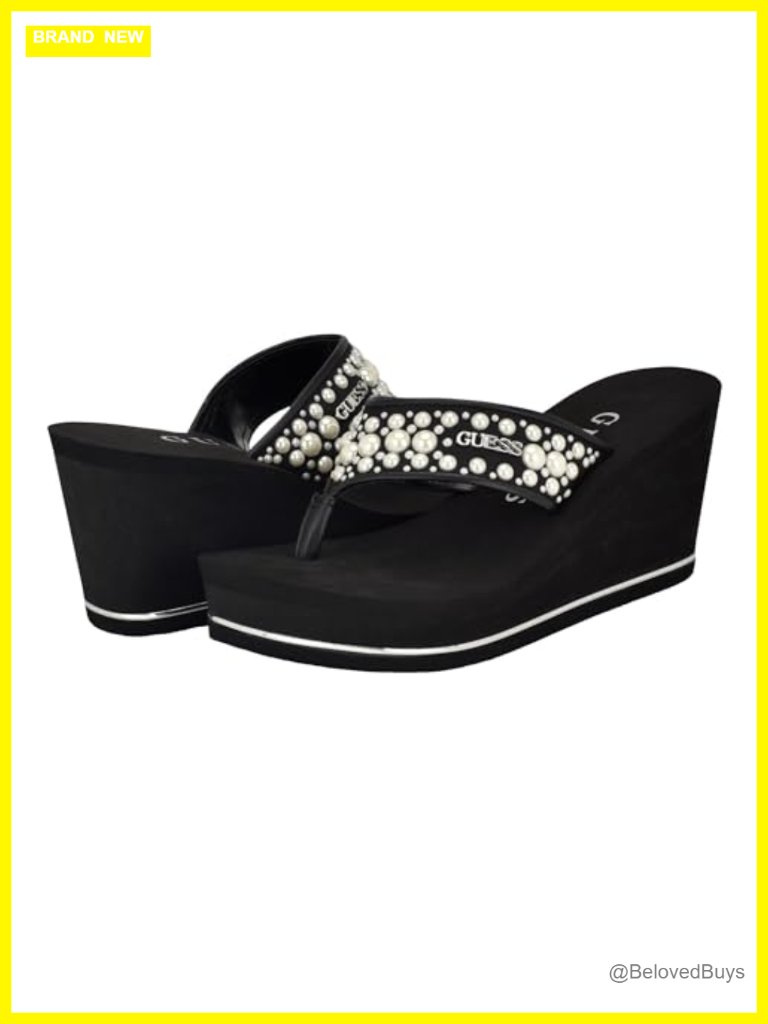 Guess Women's Silus Wedge Sandals - Pearl Embellished, Slip On, 2.95" Heel